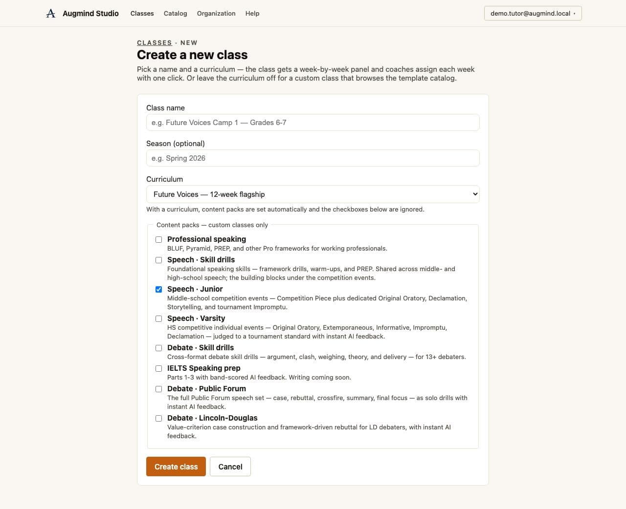 Real Augmind create class page