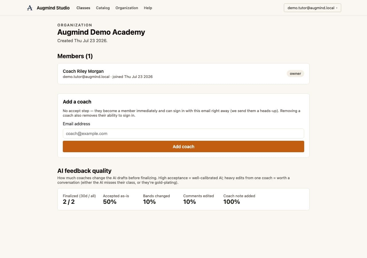Real Augmind organization and coach management page