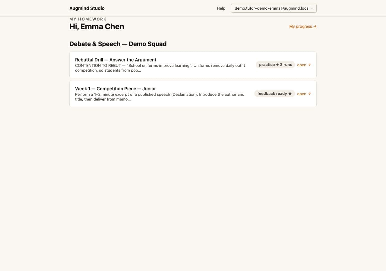 Real Augmind student portal showing assigned homework