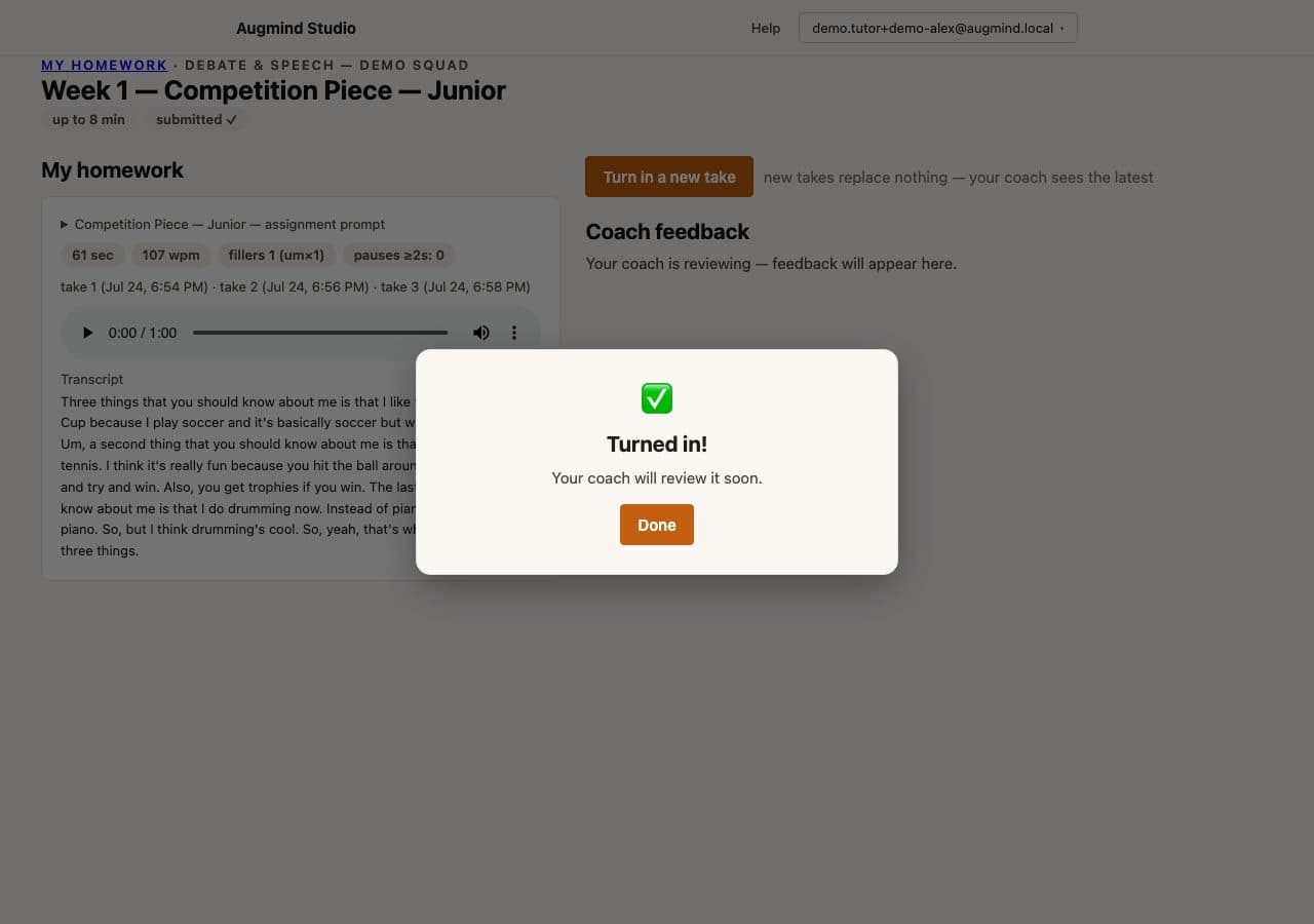 Real Augmind student homework page confirming a submitted take