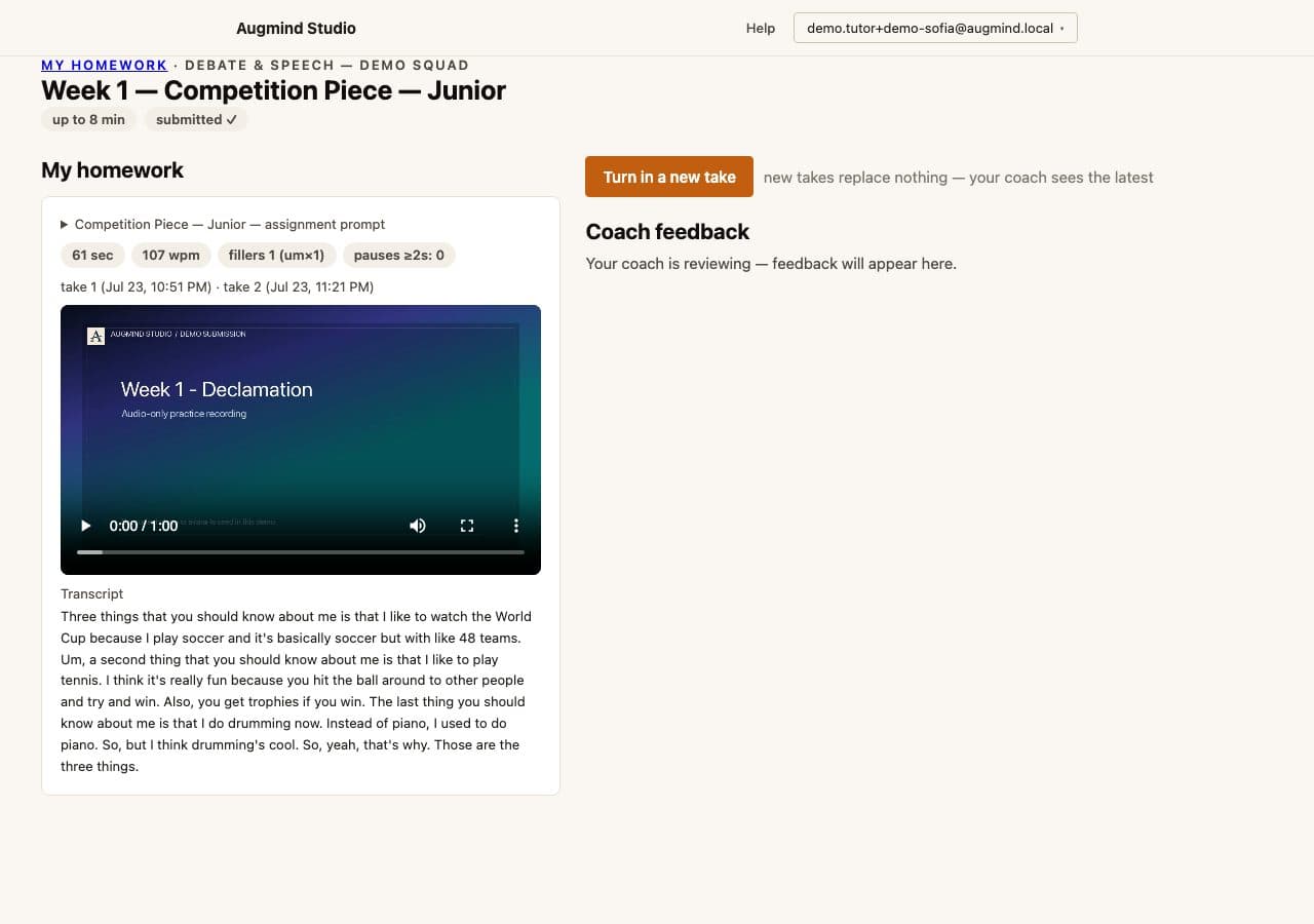 Real Augmind student portal showing homework submitted for coach review