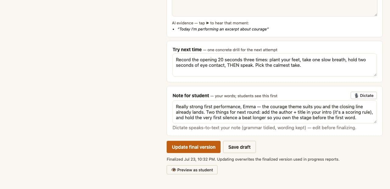 Real Augmind coach grading page with next-step feedback and finalization controls