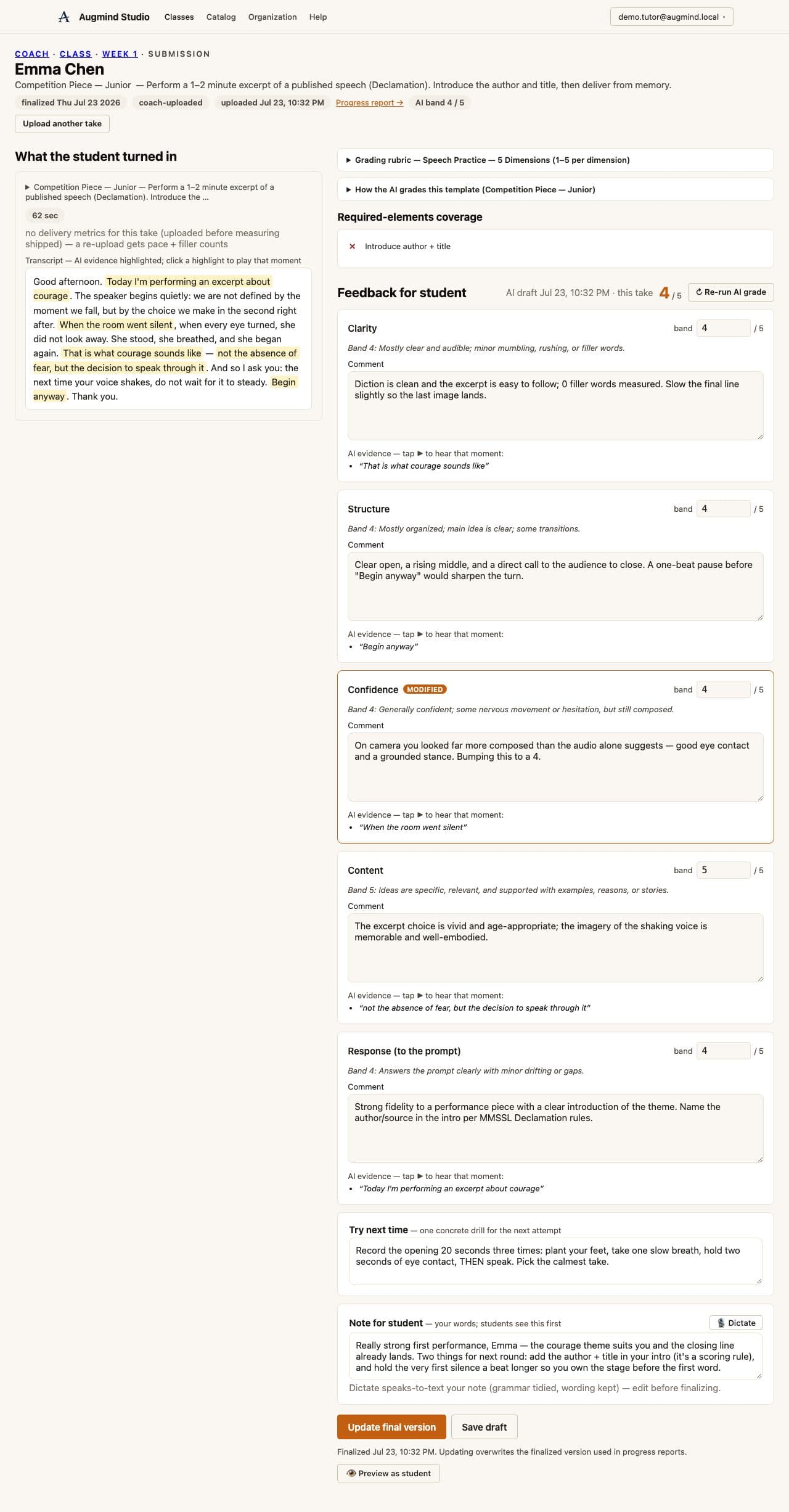 Real Augmind coach review page with a submitted take and AI evidence