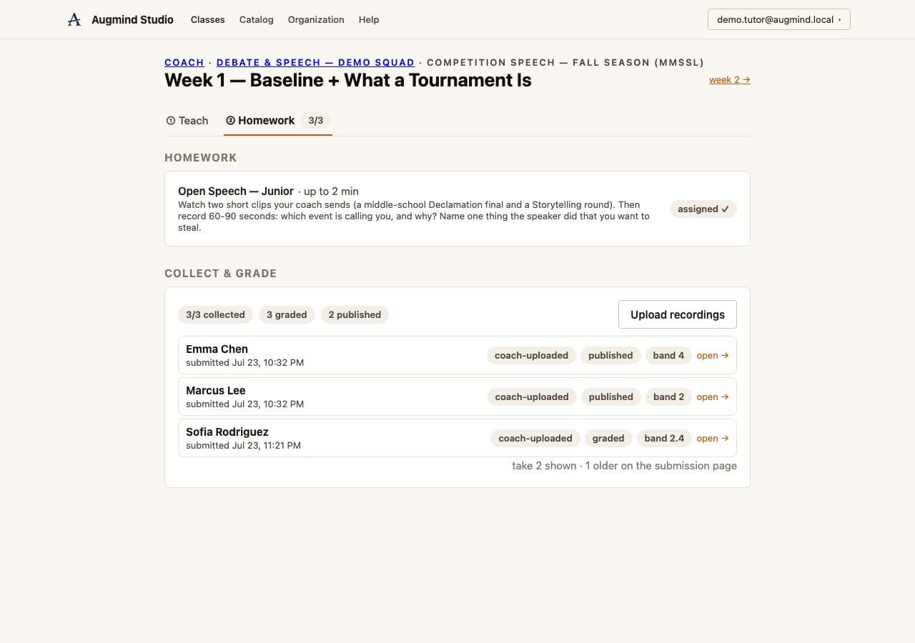 Real Augmind coach submission queue